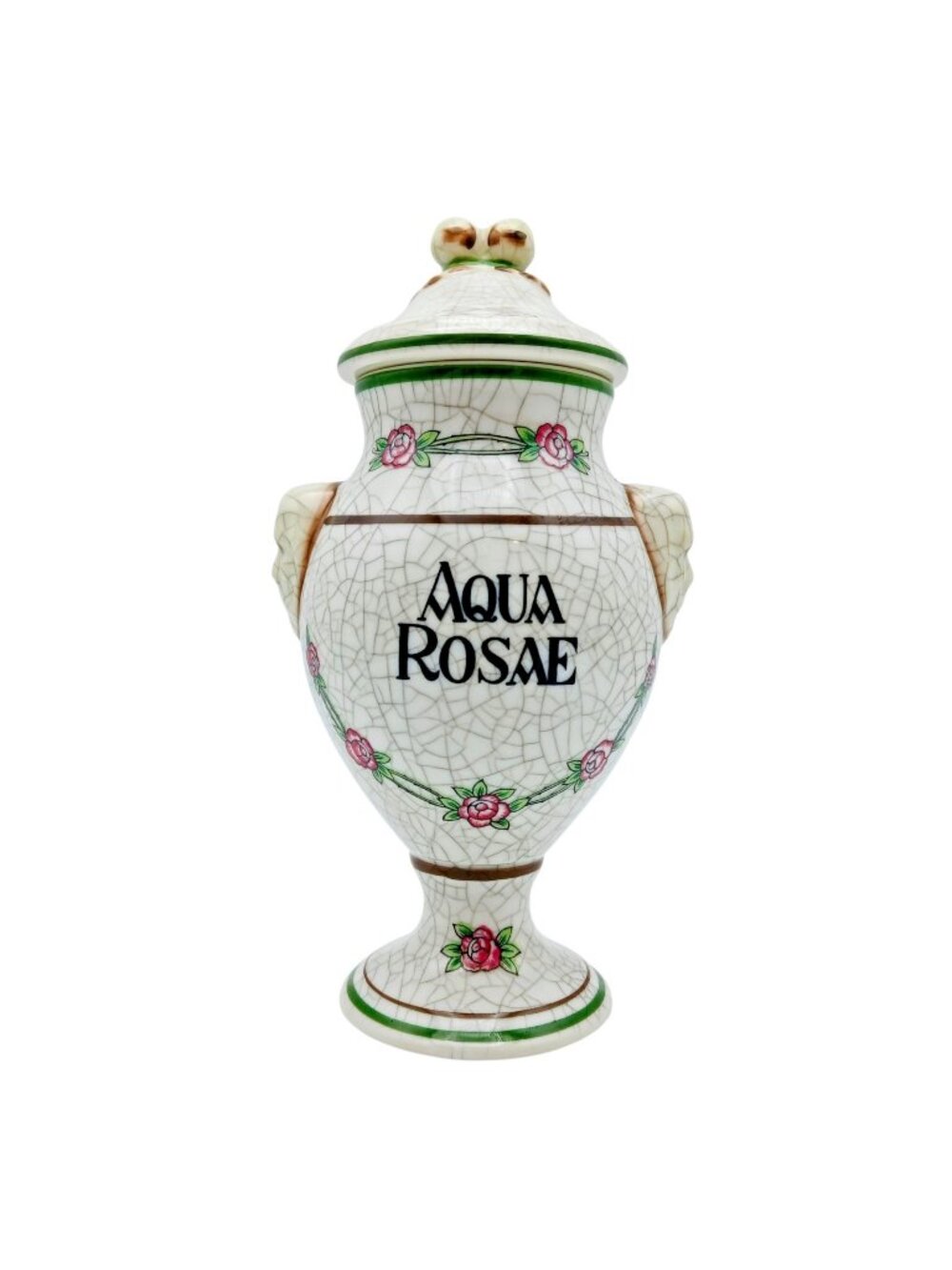 Herr Faience Aqua Rosae Apothecary Jar Crackle Glaze Ceramic 7.5"